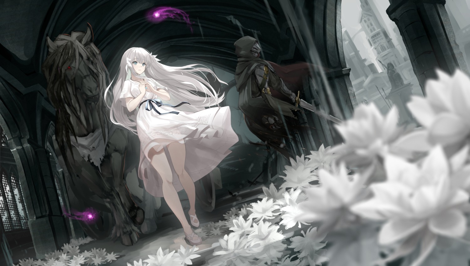 blood, dress, ender_lilies_quietus_of_the_knights, lily_(ender_lilies), murasame_hachiman, see_through, sword, umbral_knight