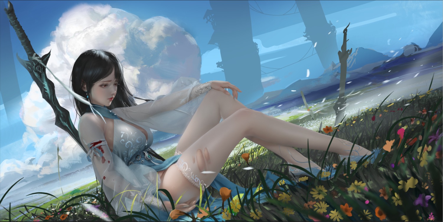 asian_clothes, bandages, blood, heels, sword, thighhighs, torn_clothes, ydiya