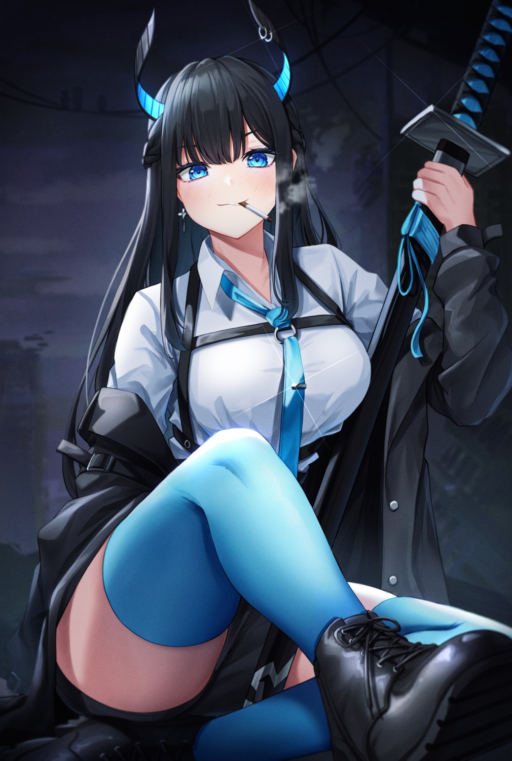horns, lancheu, smoking, sword, thighhighs