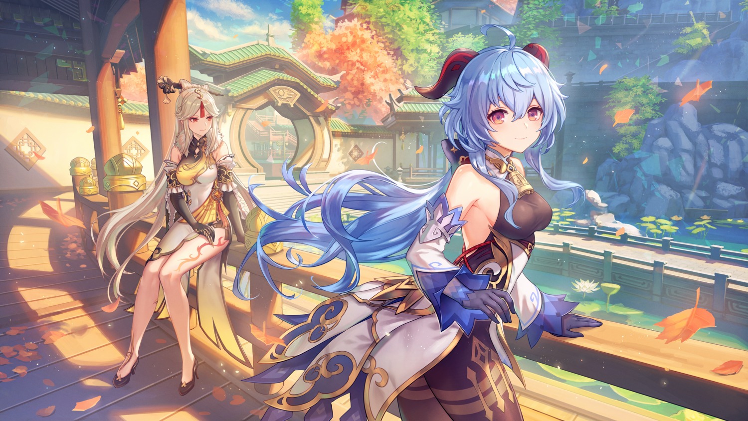 ambe_yoshiro, asian_clothes, ganyu, genshin_impact, heels, horns, ningguang, no_bra, tattoo
