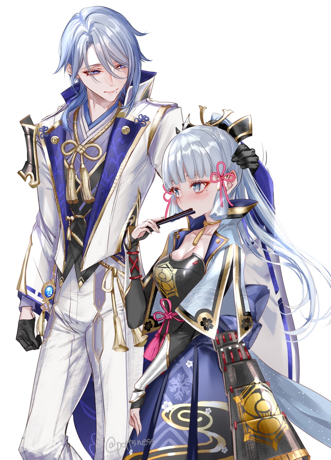 armor, cleavage, genshin_impact, japanese_clothes, kamisato_ayaka, kamisato_ayato, pottsness