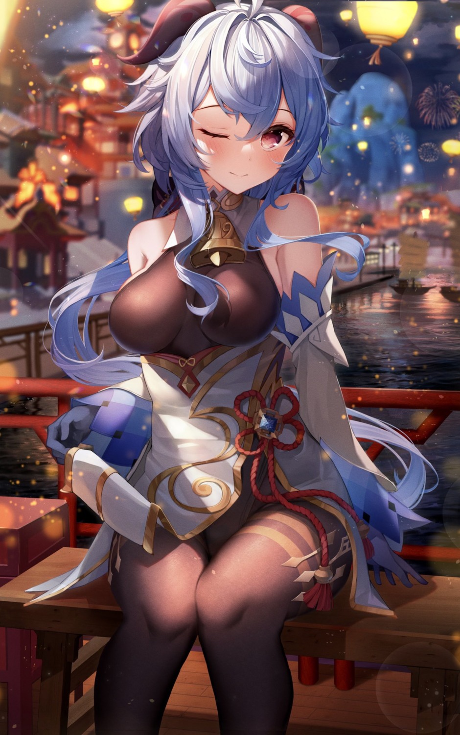 asian_clothes, bodysuit, ganyu, garter, genshin_impact, horns, see_through, shiranui_(nisioisin_sinob)