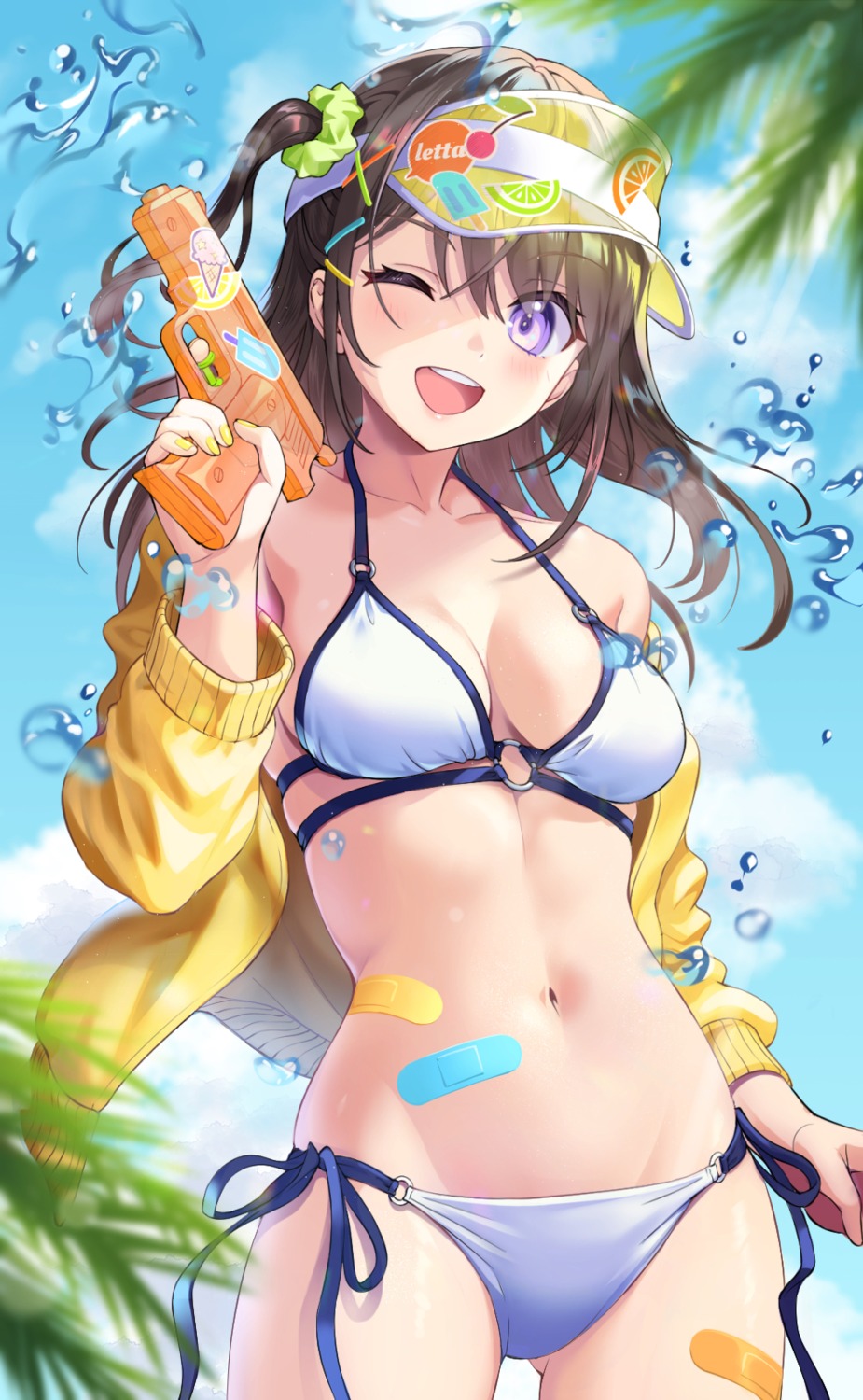 bandaid, bikini, gun, letta_illust, open_shirt, swimsuits