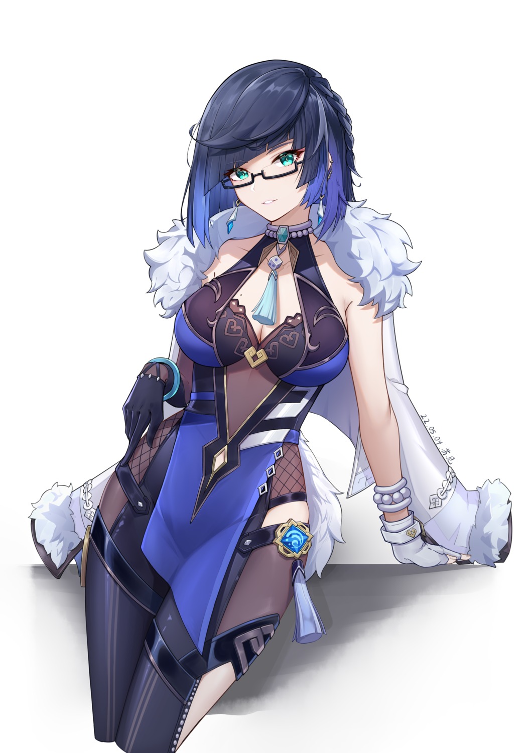asian_clothes, cleavage, garter, genshin_impact, megane, see_through, sukaliya, yelan