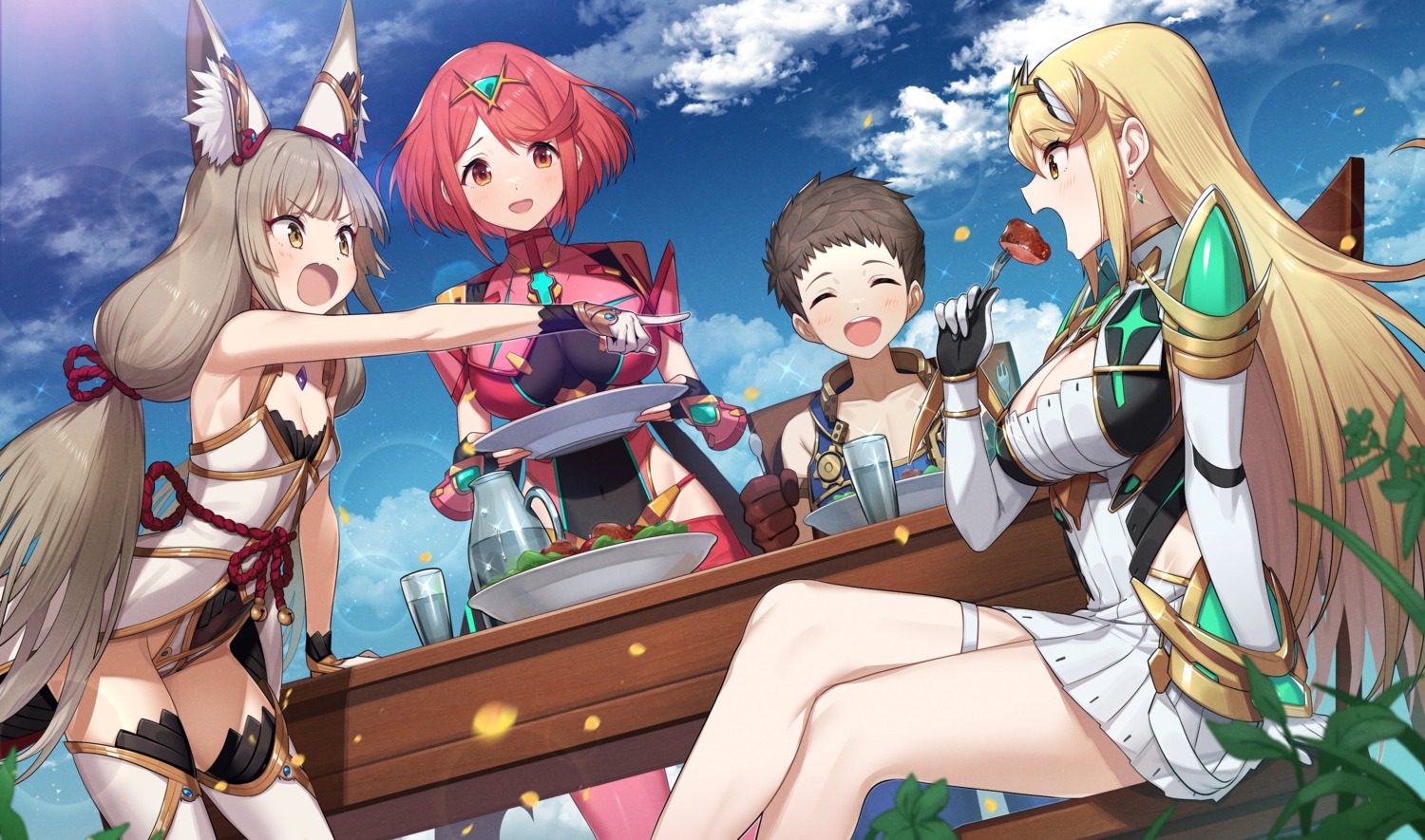 animal_ears, armor, cleavage, garter, green322, hikari_(xenoblade_2), homura_(xenoblade_2), leotard, niyah, niyah_(blade), rex, thighhighs, xenoblade_(series), xenoblade_2