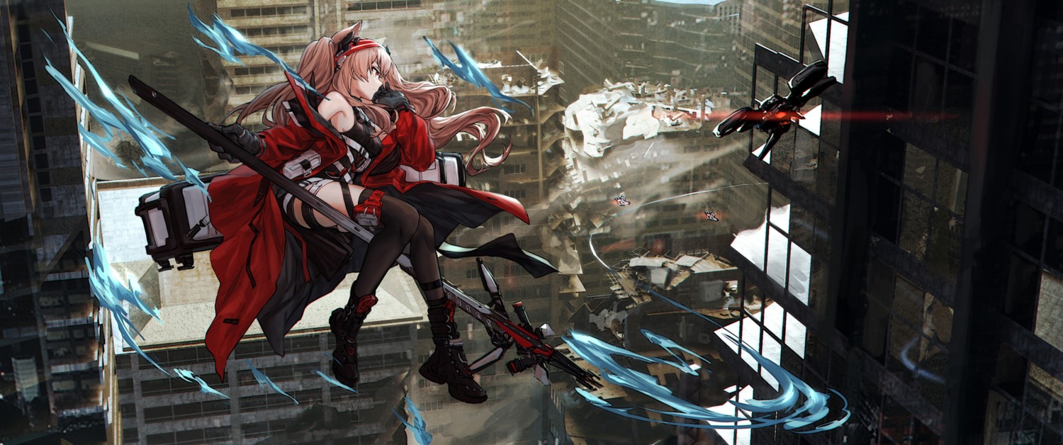 angelina_(arknights), animal_ears, arknights, garter, thighhighs, weapon, wu_lun_wujin