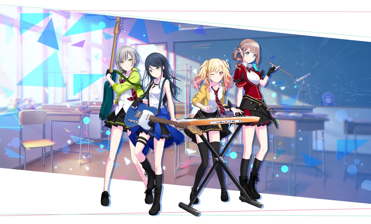 garter, guitar, heels, hinomori_shiho, hoshino_ichika_(project_sekai), mochizuki_honami, project_sekai, seifuku