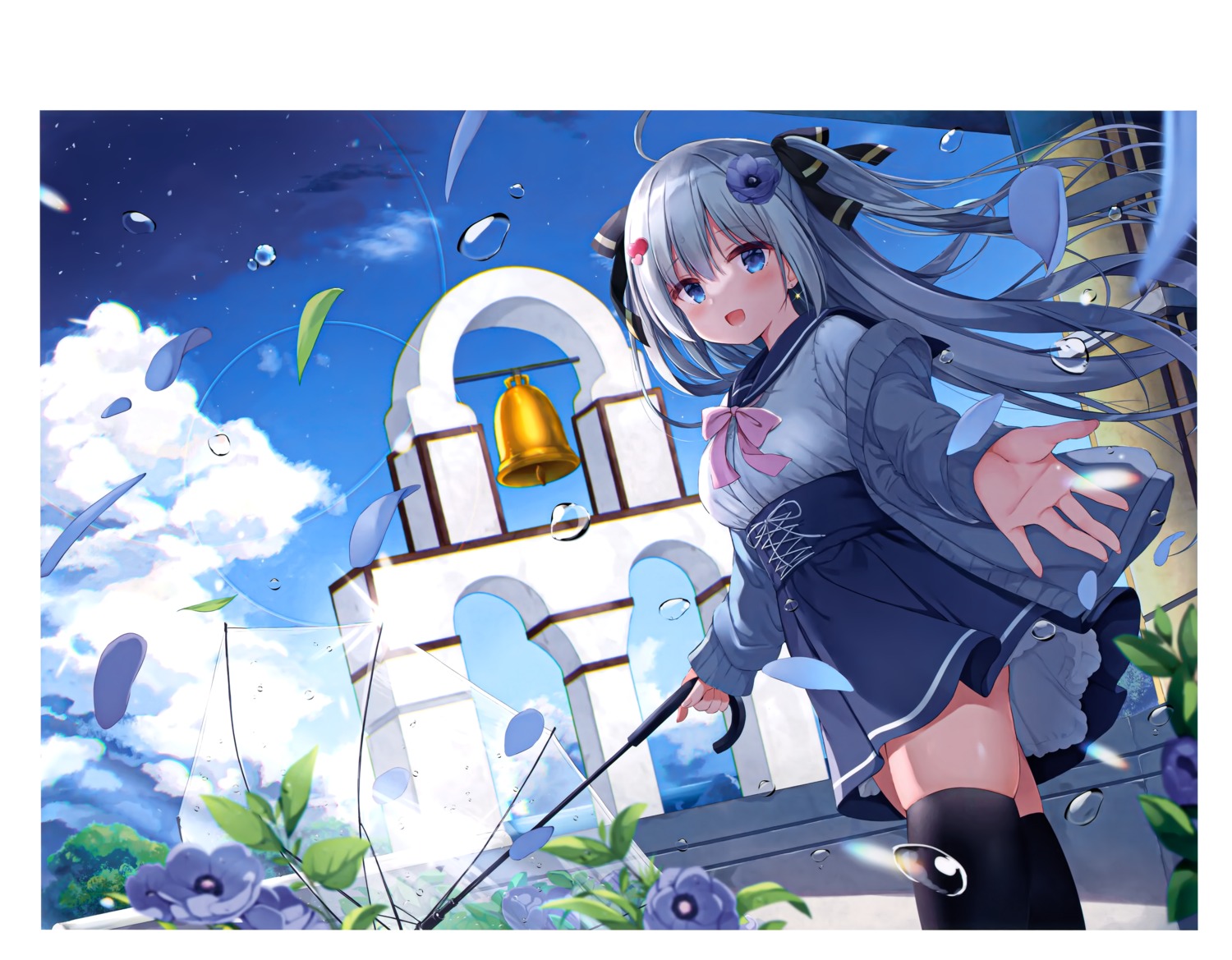 kujou_danbo, seifuku, thighhighs, umbrella