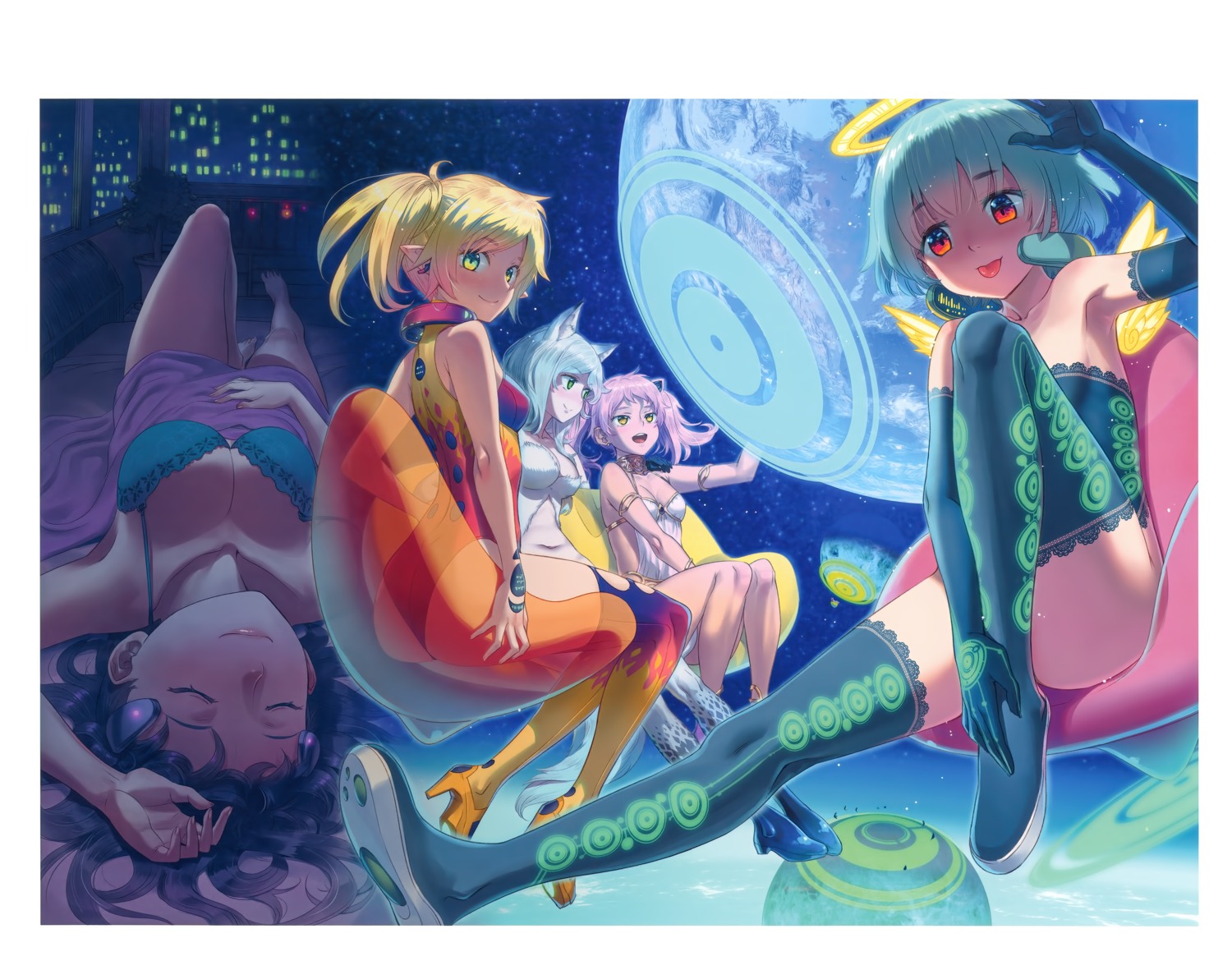 angel, animal_ears, bra, heels, koume_keito, leotard, no_bra, pointy_ears