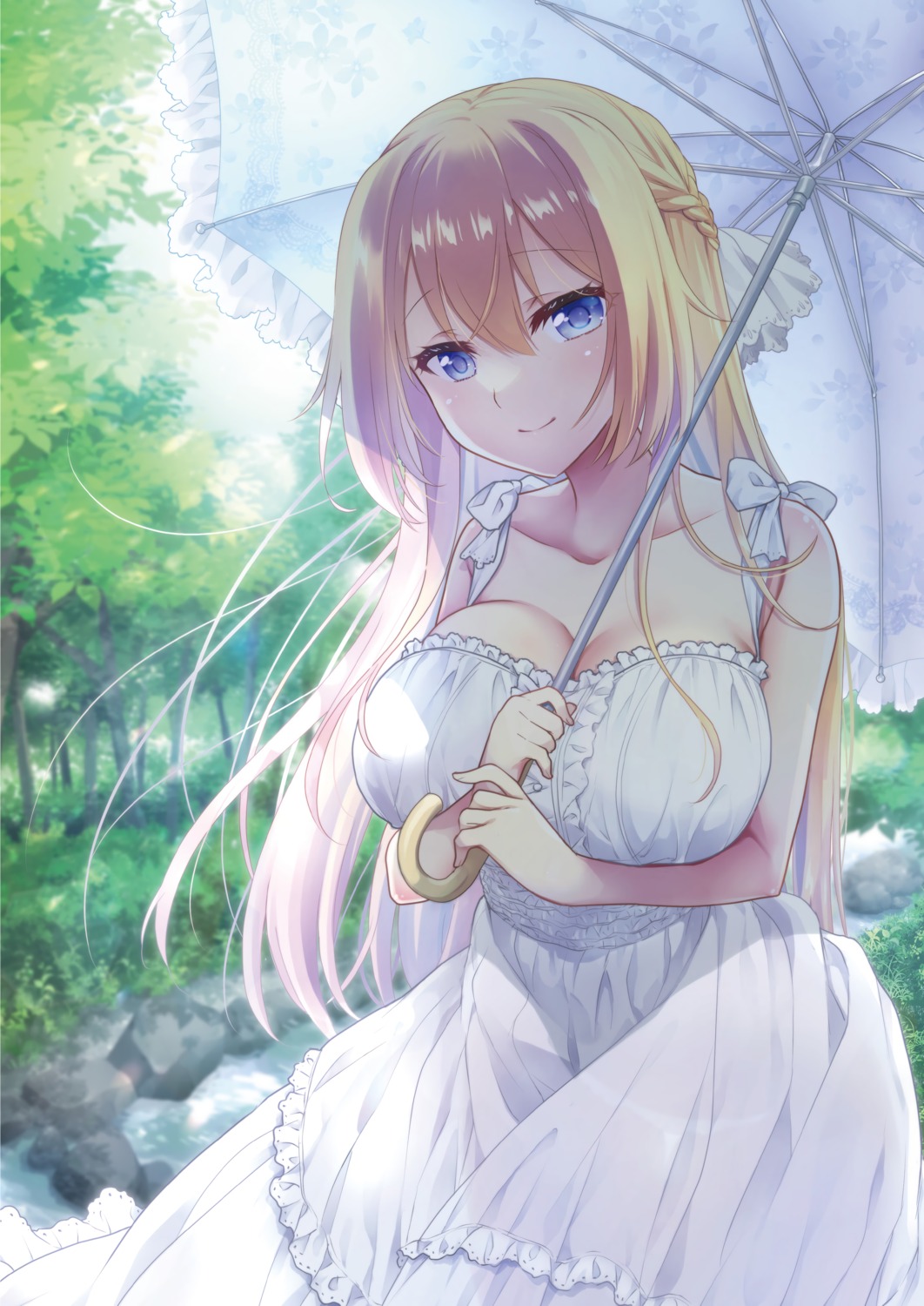 breast_hold, dress, melonbooks, mori_marimo, no_bra, summer_dress, umbrella