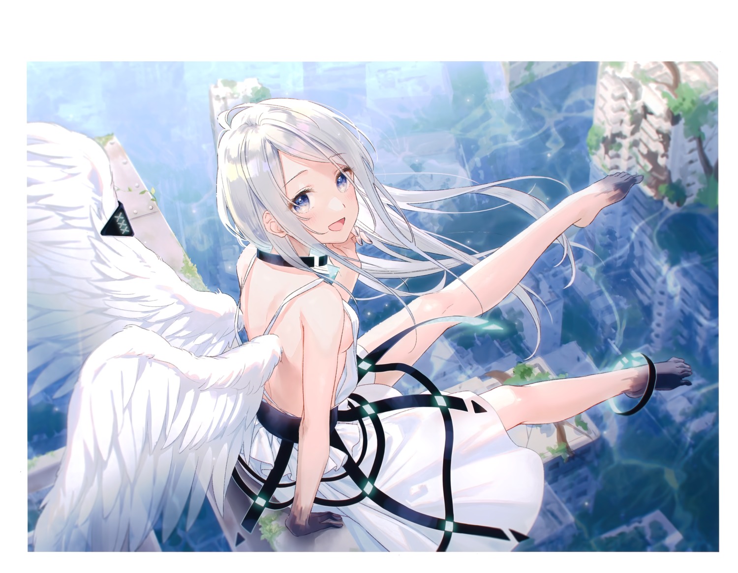 dress, feet, masuishi_kinoto, no_bra, wings