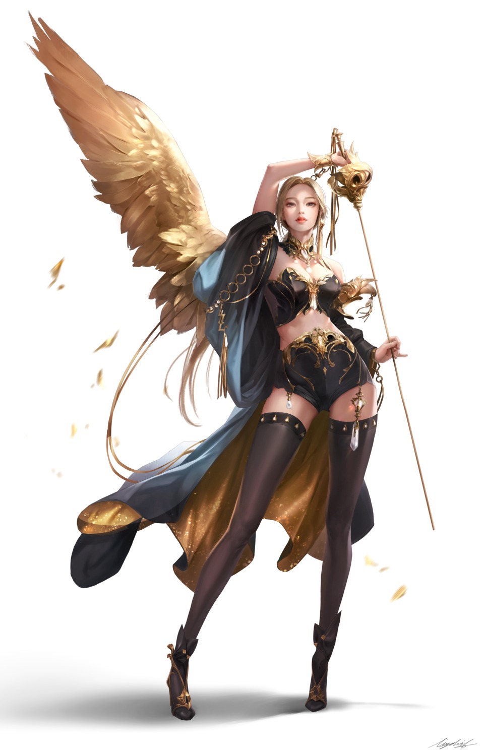 armor, cleavage, heels, lizchiefffff, sword, thighhighs, wings
