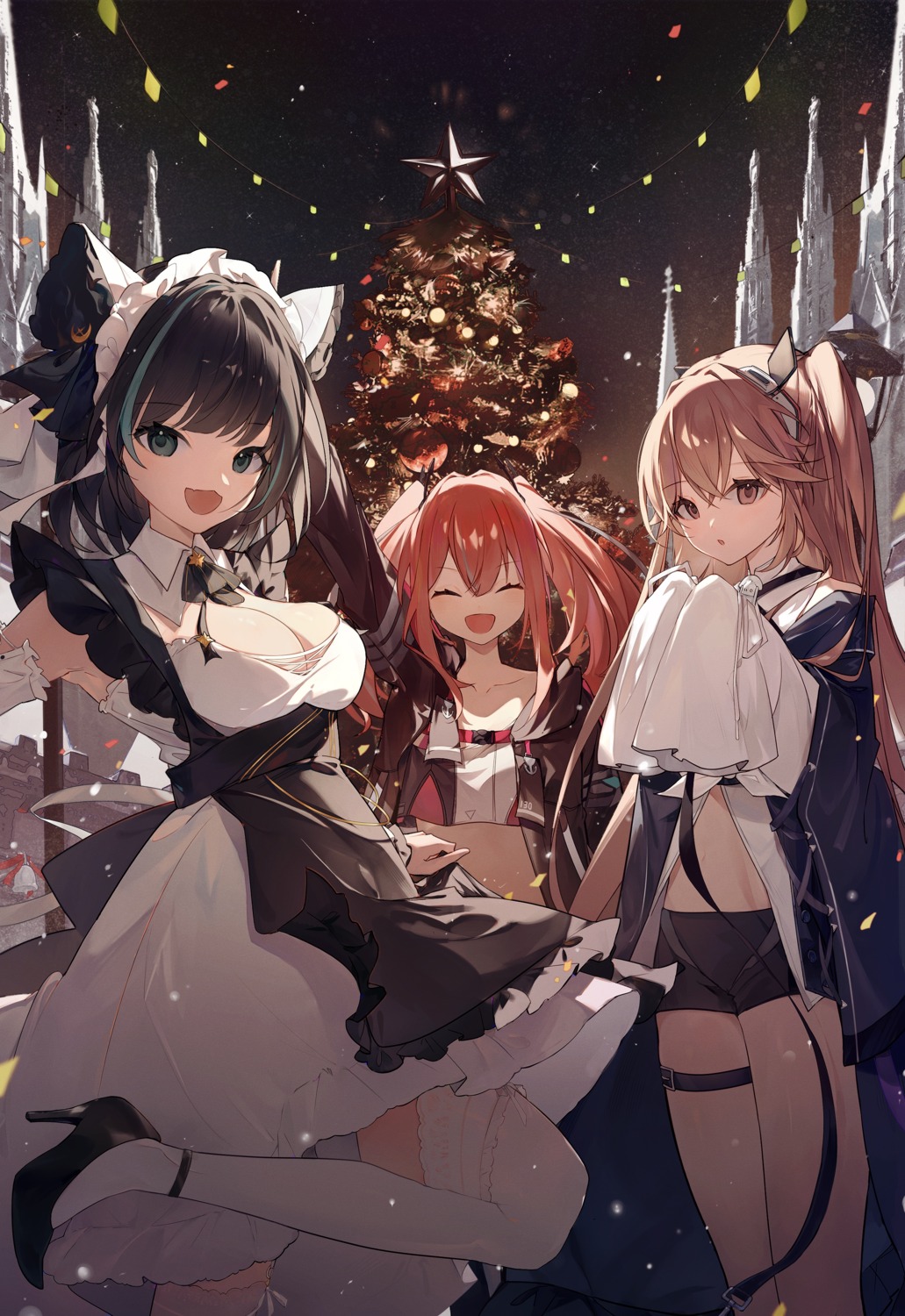 amari_(artist), anchorage_(azur_lane), azur_lane, bremerton_(azur_lane), cheshire_(azur_lane), christmas, garter, heels