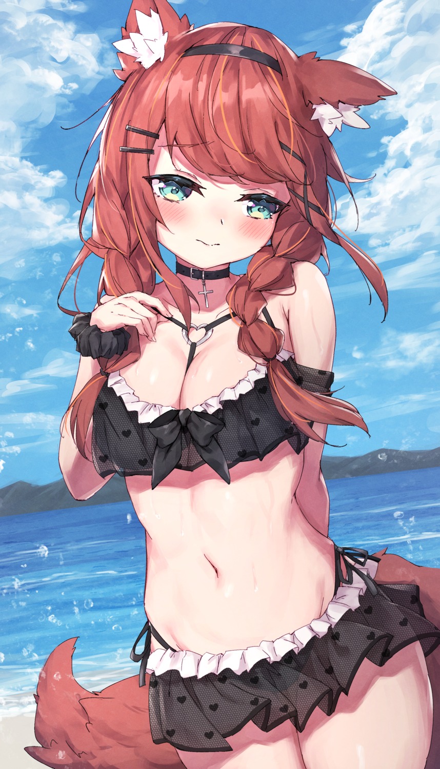 animal_ears, cleavage, fishnets, masaki_(msk064), skirt_lift, swimsuits, tail, wet