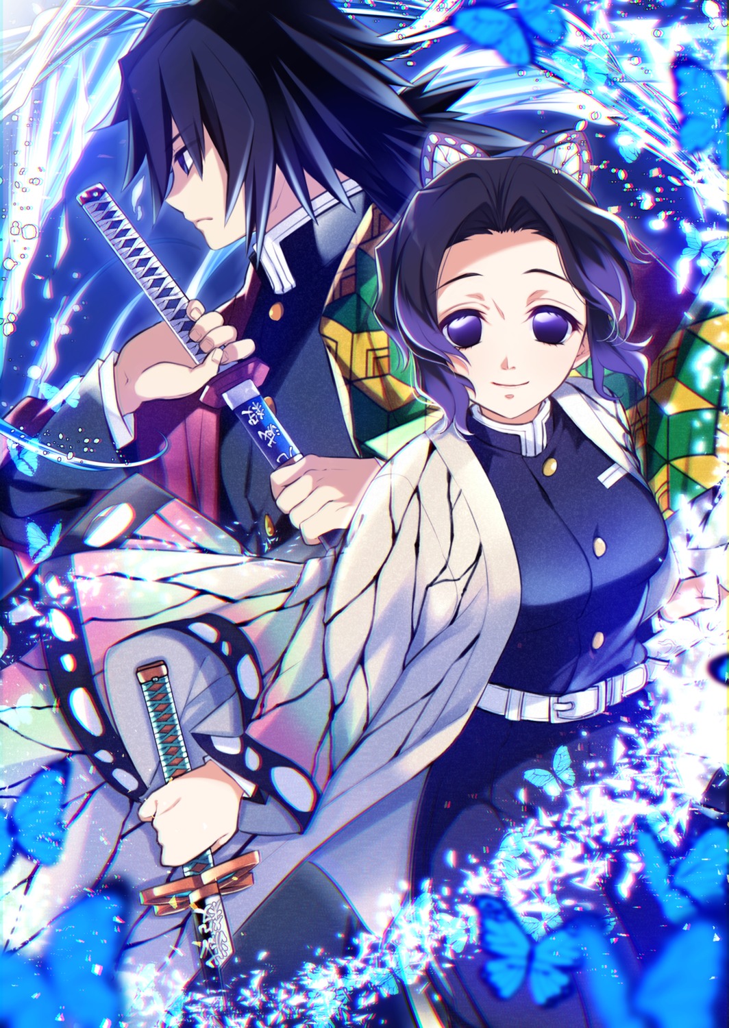 japanese_clothes, kimetsu_no_yaiba, kochou_shinobu, sword, tomioka_giyuu, tsurugi_hikaru, uniform