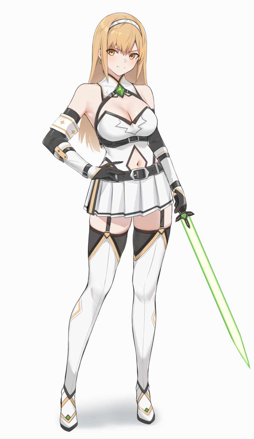 bee_doushi, cleavage, dress, stockings, sword, thighhighs