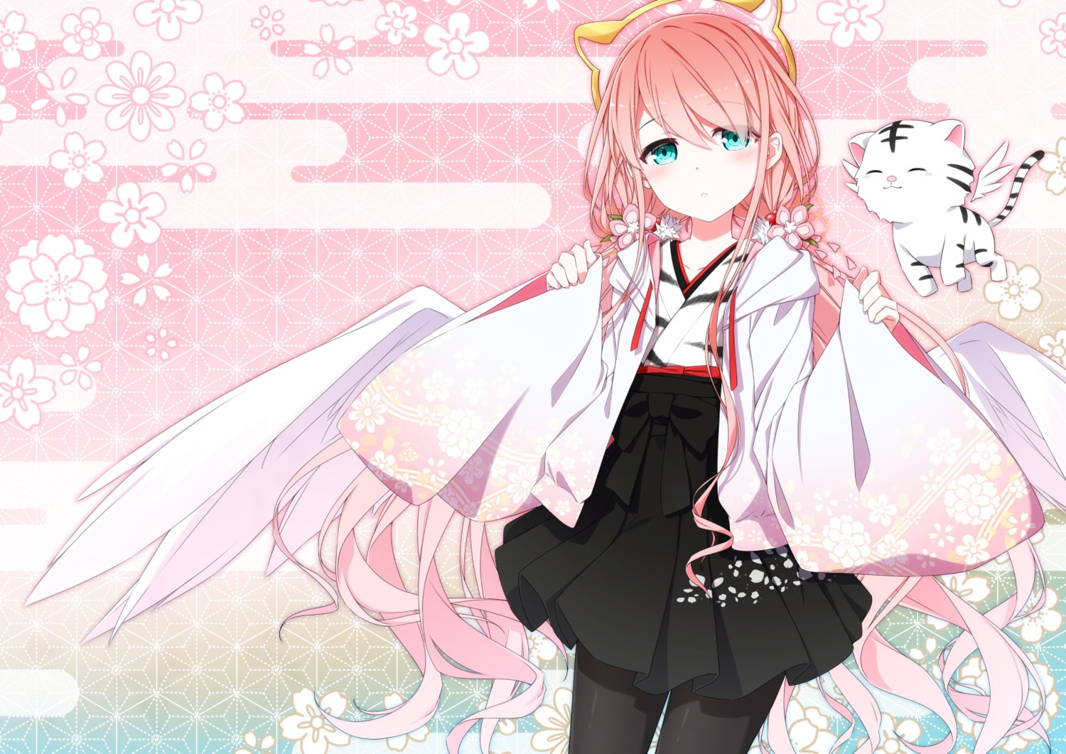 animal_ears, aoi_thomas, japanese_clothes, pantyhose, skirt_lift, wings
