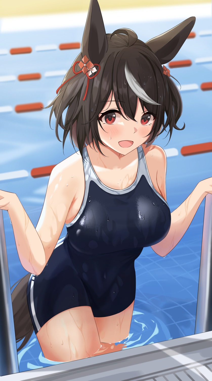 animal_ears, cathy_idx, kitasan_black_(umamusume), school_swimsuit, swimsuits, tail, uma_musume_pretty_derby, wet