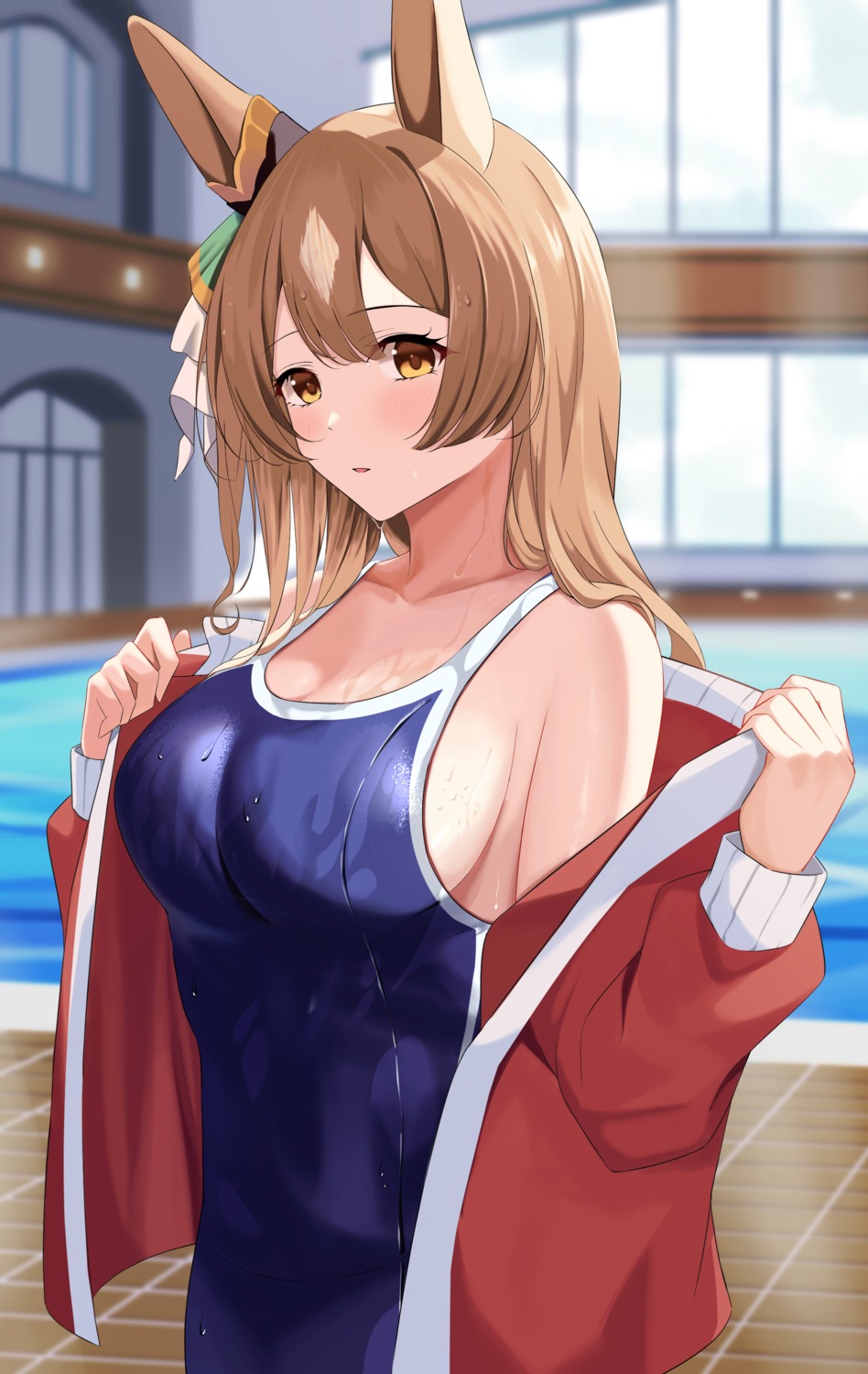 animal_ears, cathy_idx, gym_uniform, satono_diamond_(umamusume), school_swimsuit, swimsuits, uma_musume_pretty_derby, undressing