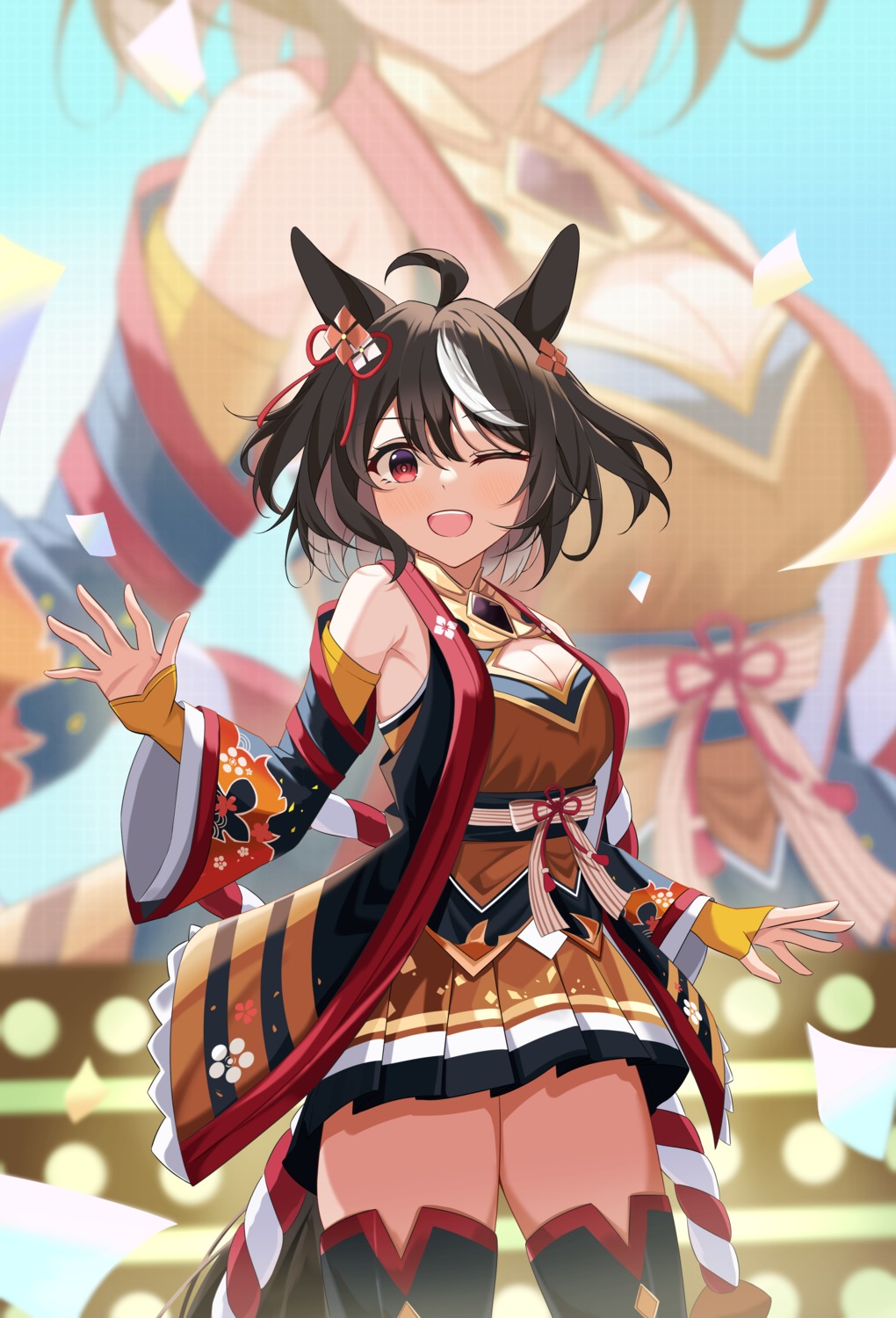 animal_ears, cathy_idx, cleavage, japanese_clothes, kitasan_black_(umamusume), tail, thighhighs, uma_musume_pretty_derby