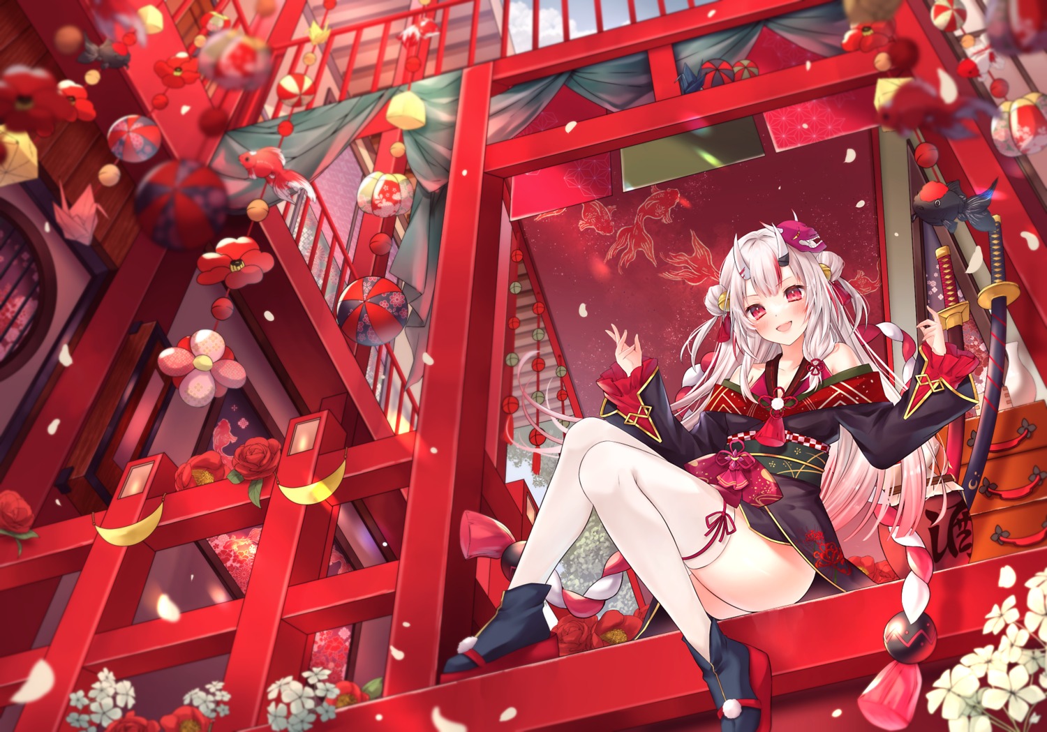 cleavage, haruyama_natsuwo, hololive, horns, japanese_clothes, nakiri_ayame, skirt_lift, sword