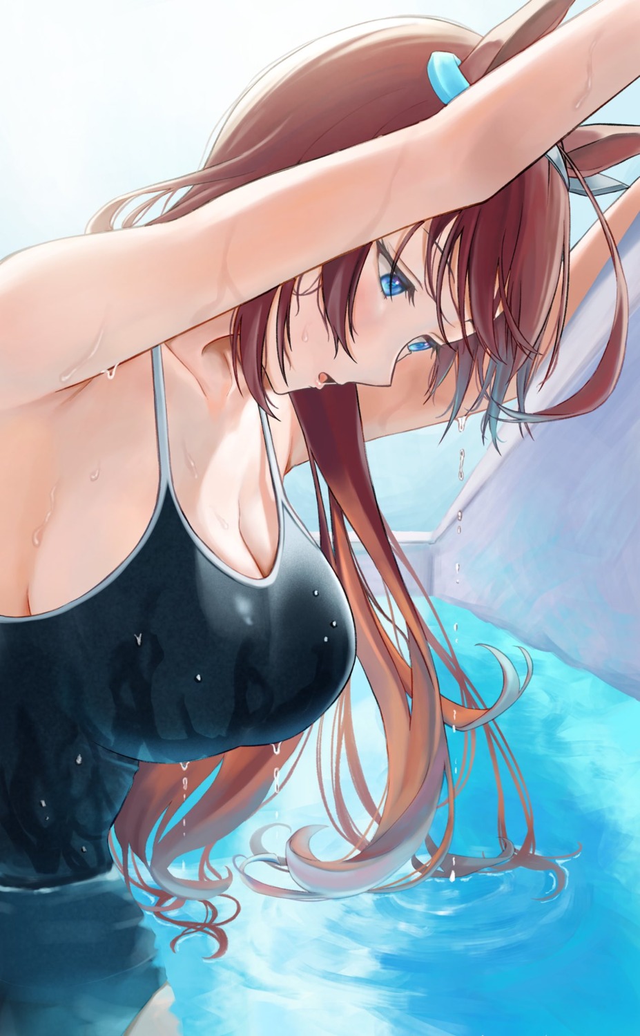 animal_ears, cleavage, huziko, mihono_bourbon_(umamusume), school_swimsuit, swimsuits, uma_musume_pretty_derby, wet