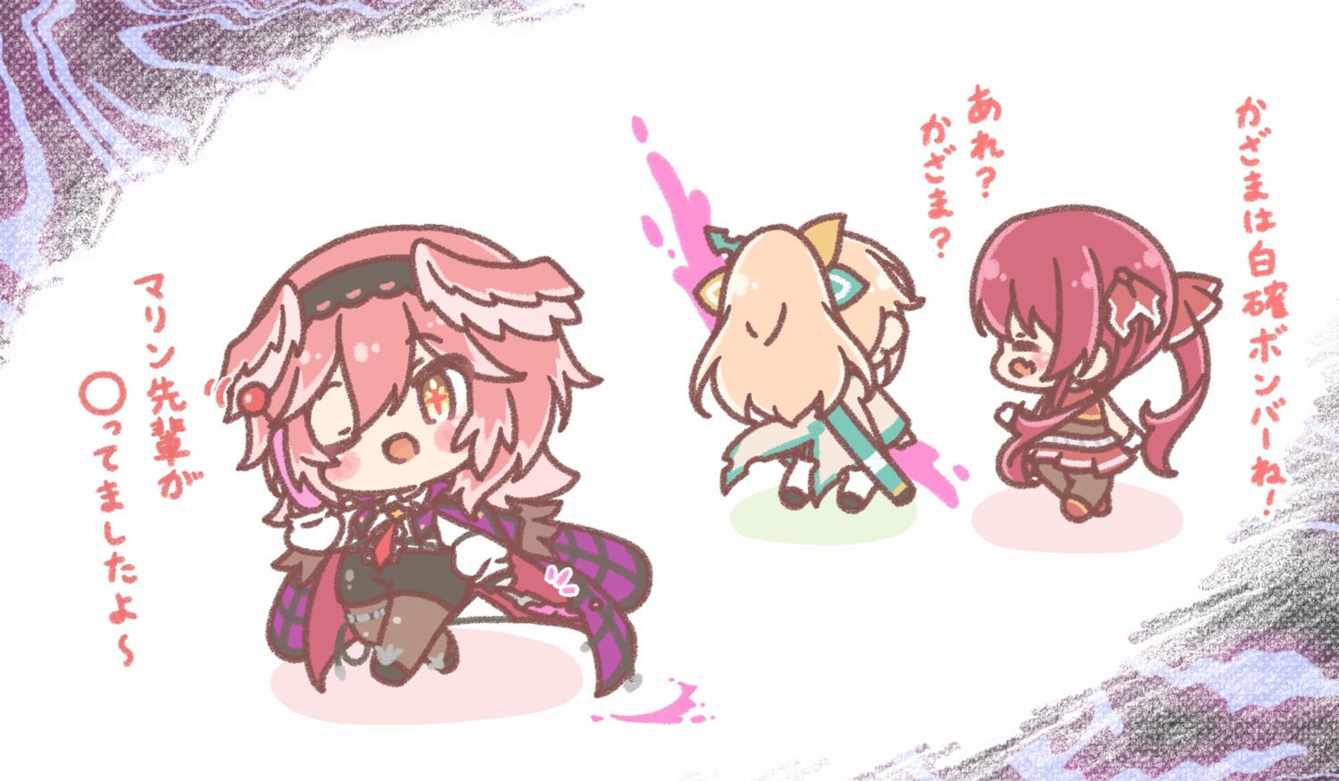 blood, chibi, garter, hololive, houshou_marine, kazama_iroha, mitarashi_neko, pantyhose, sword, takane_lui, uniform, wings