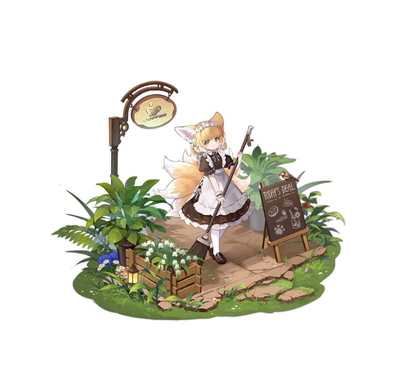 animal_ears, arknights, kitsune, maid, shio_(7203802), suzuran_(arknights), tail