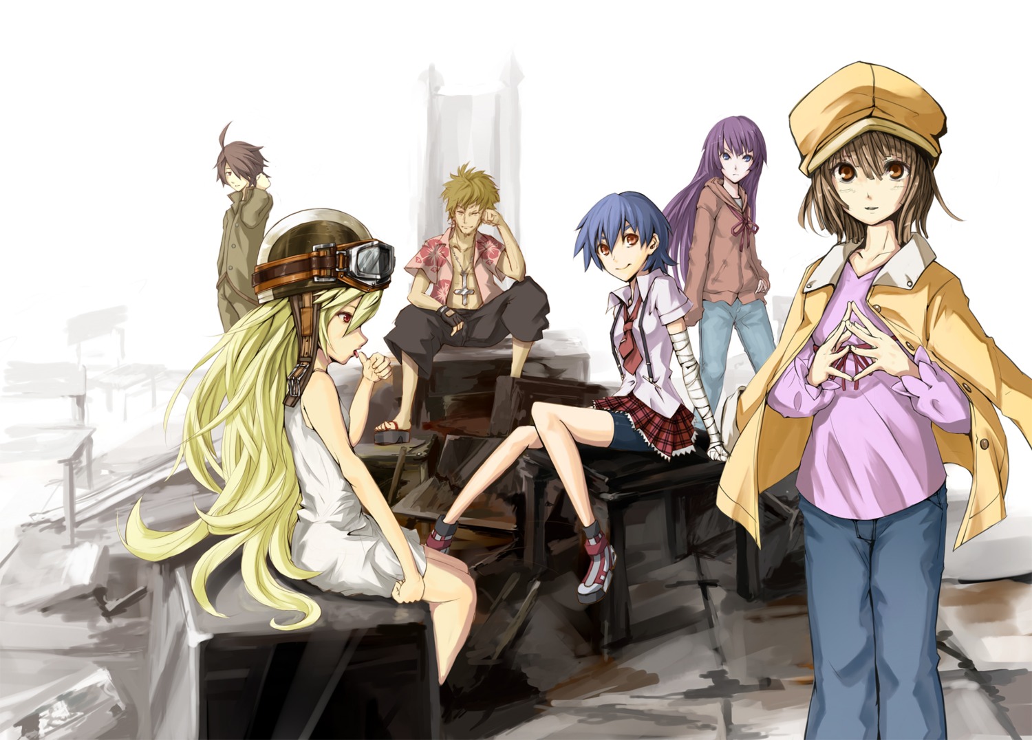 bakemonogatari, kanbaru_suruga, monogatari_(series), oshino_meme, oshino_shinobu, pondel, sengoku_nadeko, senjougahara_hitagi