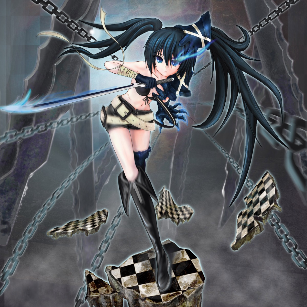 bikini_top, black_rock_shooter, black_rock_shooter_(character), insane_black_rock_shooter, swimsuits, sword, ushas, vocaloid