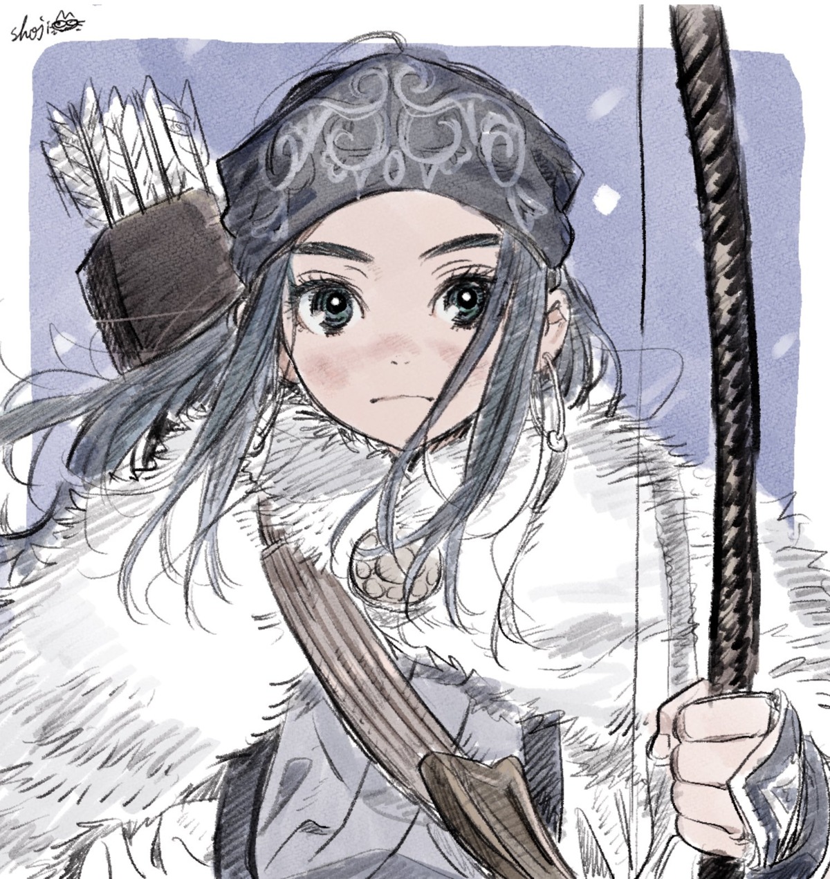 asirpa, fusuma_(nohbrk), golden_kamuy, japanese_clothes, sketch, weapon