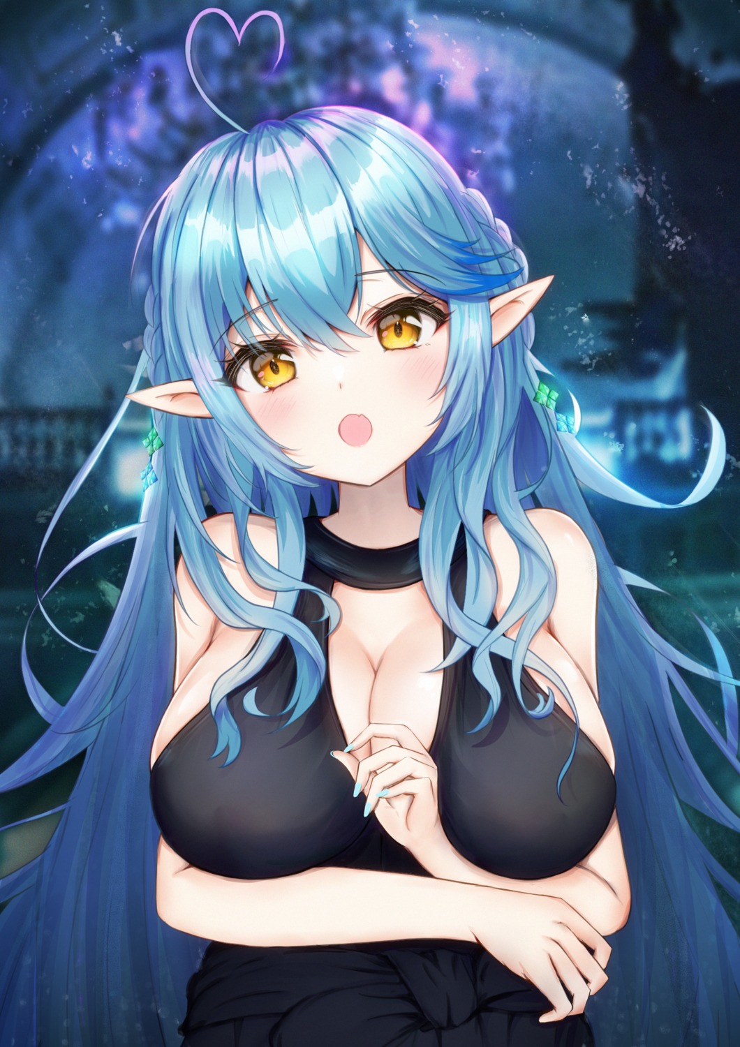 breast_hold, cleavage, elf, hololive, mito_soosu, no_bra, pointy_ears, yukihana_lamy