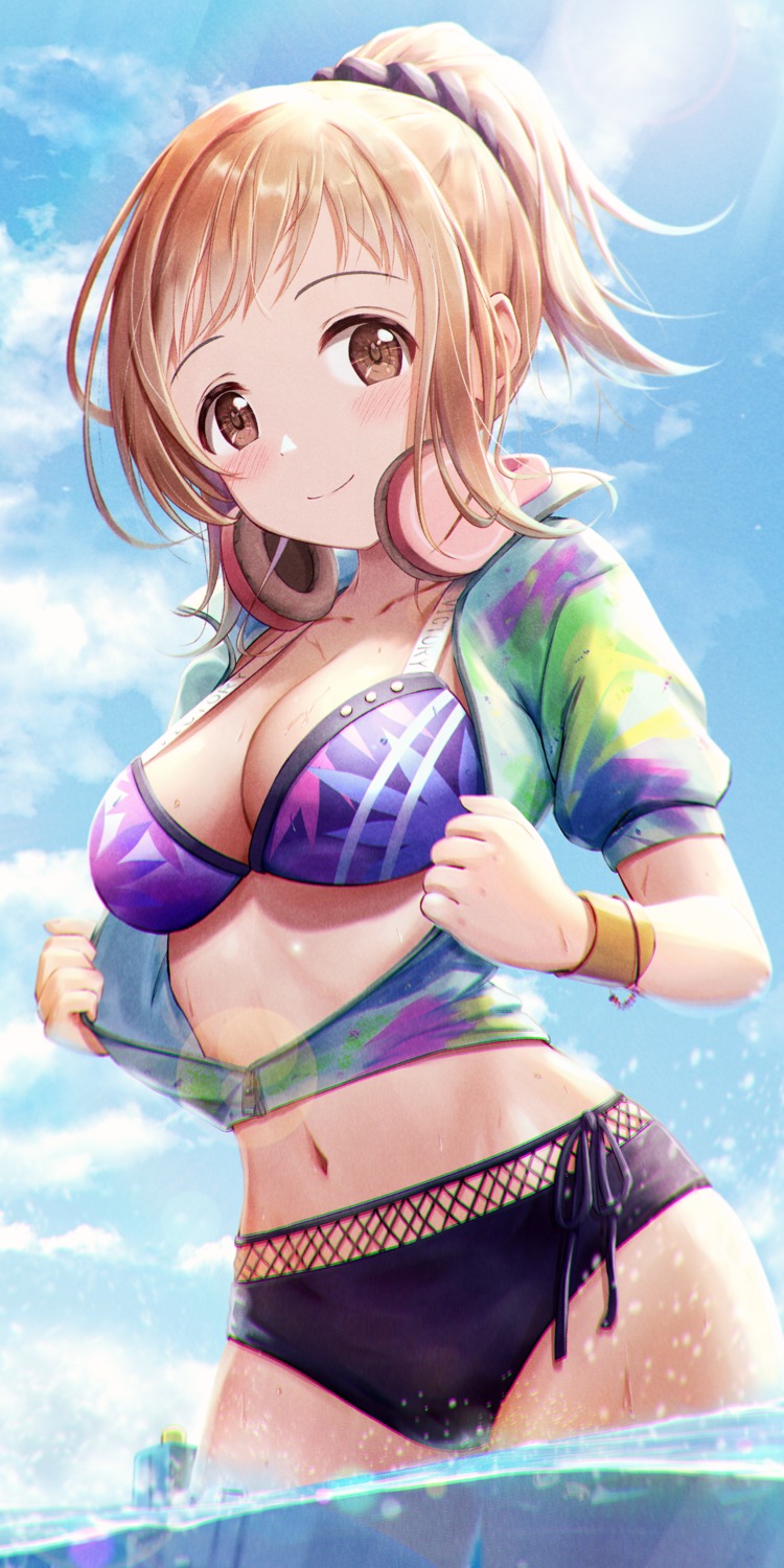 bikini, fishnets, headphones, masuku_(saint_mask), open_shirt, sakuragi_mano, swimsuits, the_idolm@ster