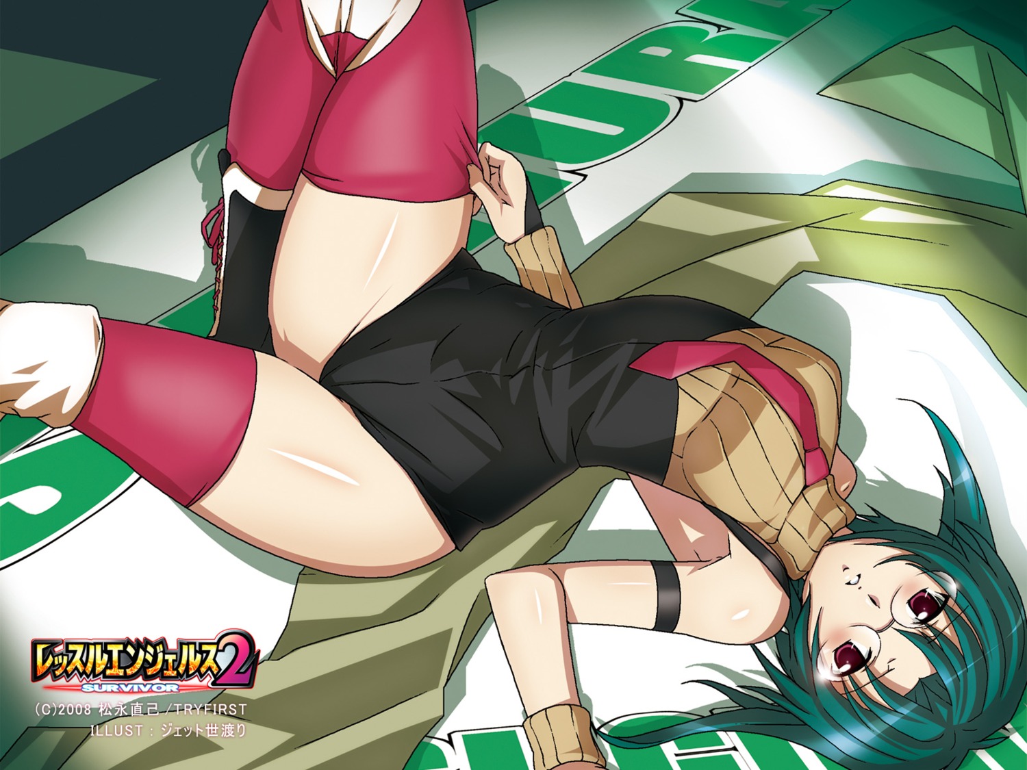 jet_yowatari, megane, sugiura_mitsuki, thighhighs, wallpaper, wrestle_angels, wrestle_angels_survivor_2