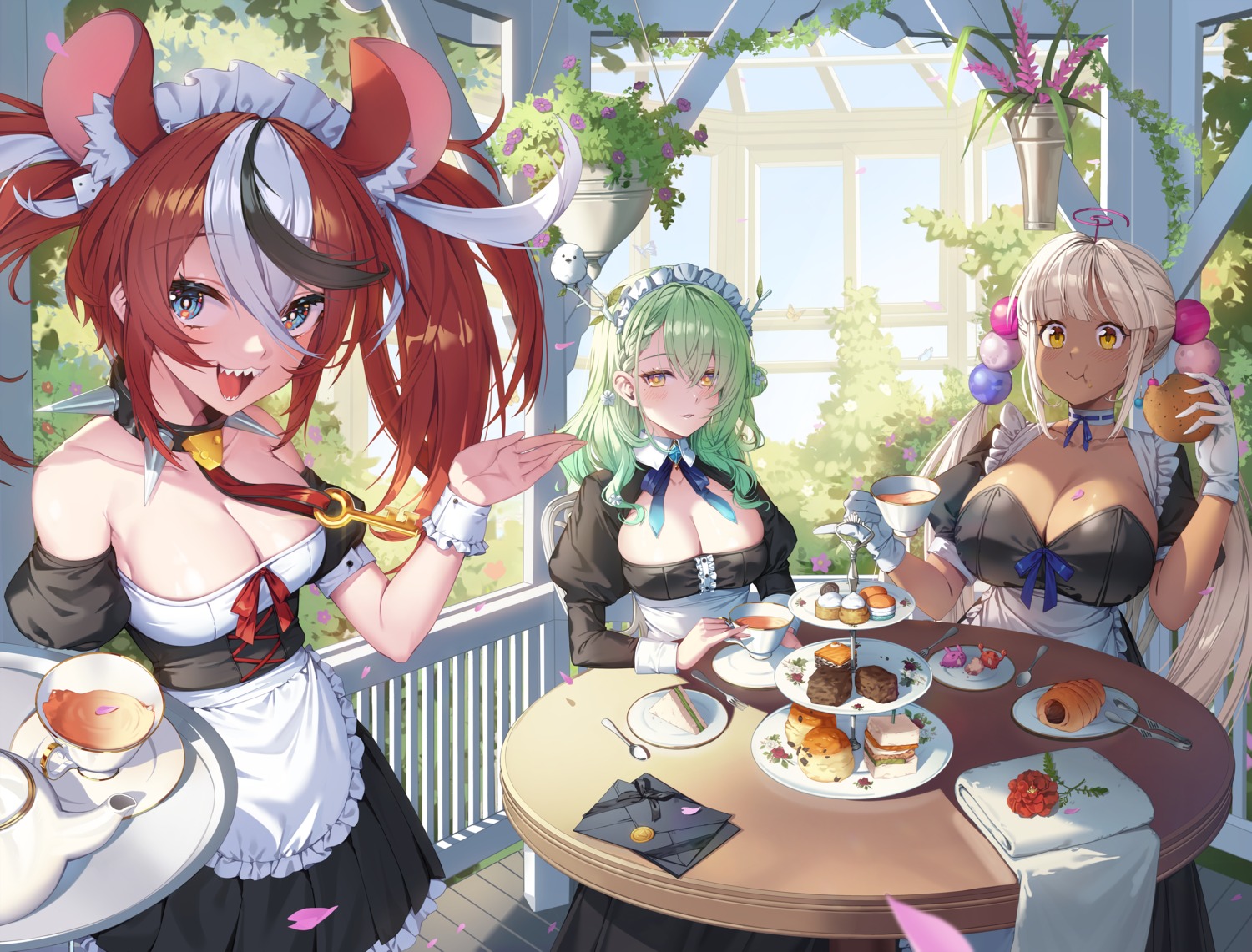 animal_ears, ceres_fauna, cleavage, hakos_baelz, hololive, hololive_english, maid, sseli
