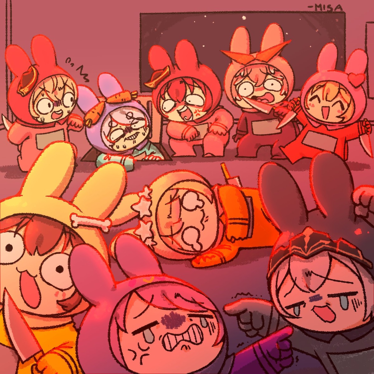 akai_haato, among_us, animal_ears, black_(among_us), bunny_ears, chibi, crewmate_(among_us), cyan_(among_us), hololive, hololive_gamers, houshou_marine, inugami_korone, kazama_iroha, megane, momosuzu_nene, orange_(among_us), pink_(among_us), purple_(among_us), red_(among_us), shirogane_noel, takane_lui, tokoyami_towa, usada_pekora, wakatsuki_misato, weapon, yellow_(among_us)