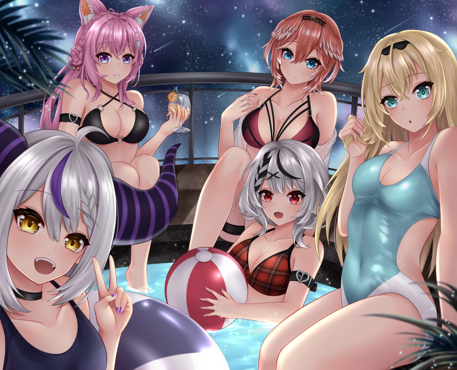 animal_ears, bikini_top, cleavage, devil, garter, hakui_koyori, hololive, horns, kazama_iroha, la+_darknesss, pointy_ears, popcornflakes, sakamata_chloe, swimsuits, takane_lui, wet, wings