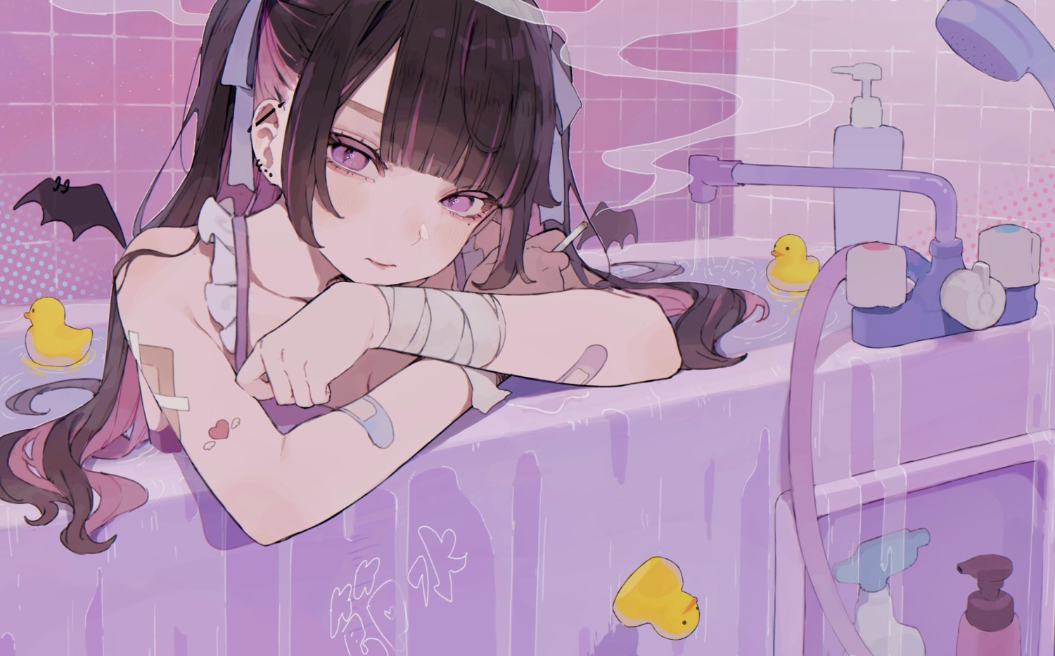 bandages, bandaid, bathing, daluto_(hitomi555), smoking, swimsuits, wet, wings