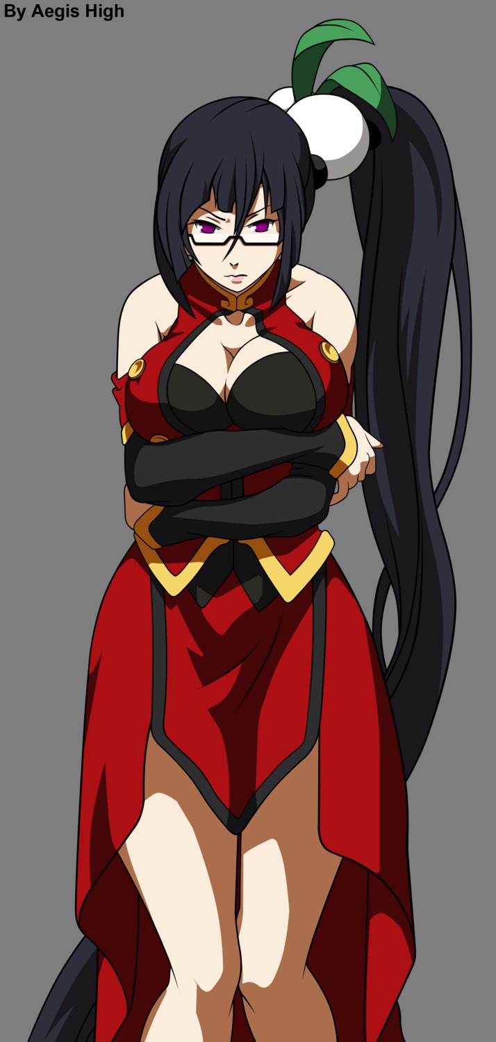 blazblue, breast_hold, cleavage, litchi_faye_ling, megane, transparent_png, vector_trace, watermark