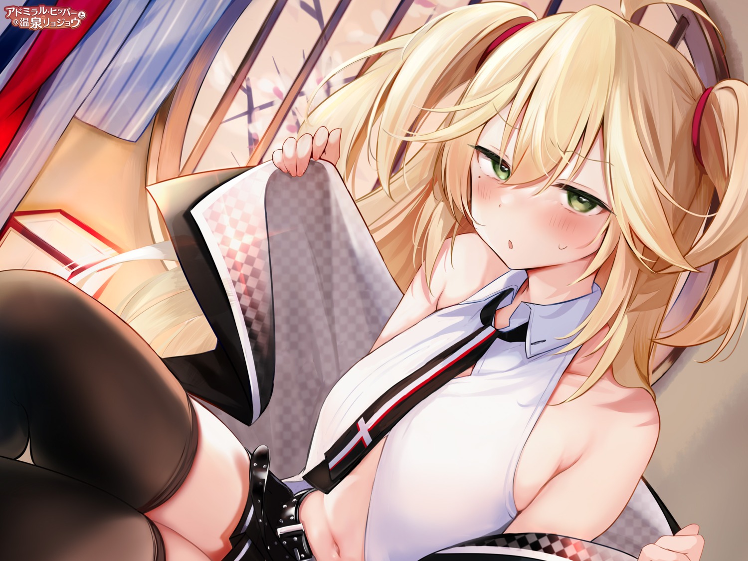 admiral_hipper_(azur_lane), atelier-mer, azur_lane, nekomugiharu, no_bra, thighhighs, undressing, wallpaper