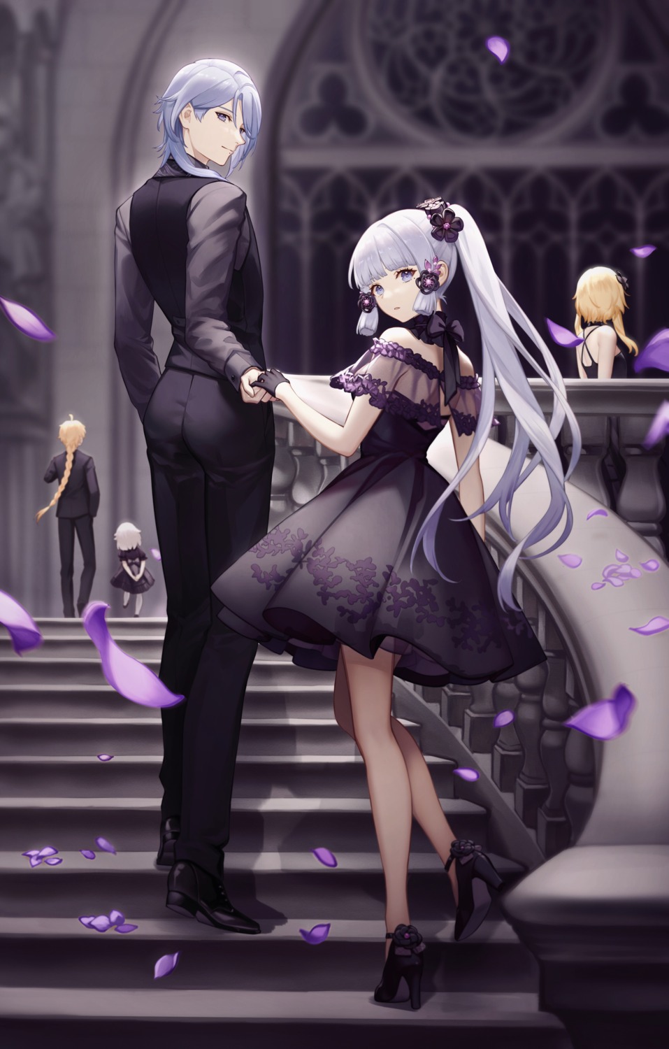 aether, business_suit, dress, genshin_impact, heels, kamisato_ayaka, kamisato_ayato, lumine