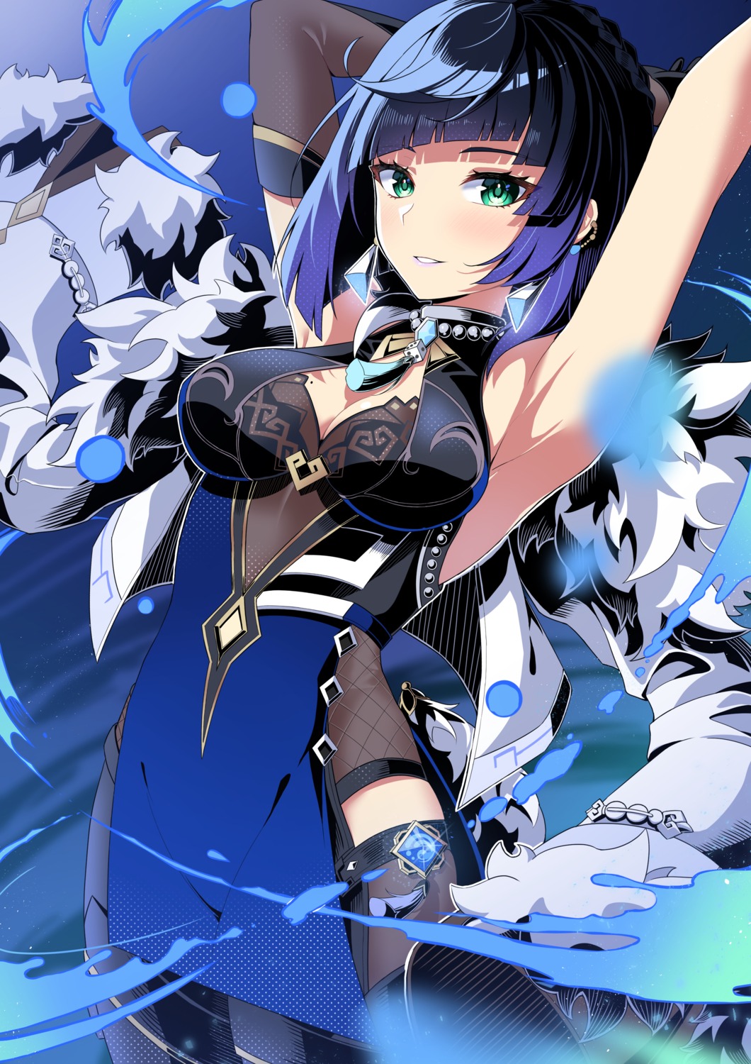cleavage, dress, fishnets, genshin_impact, yelan, yuito_(yuitokobunasbs0)