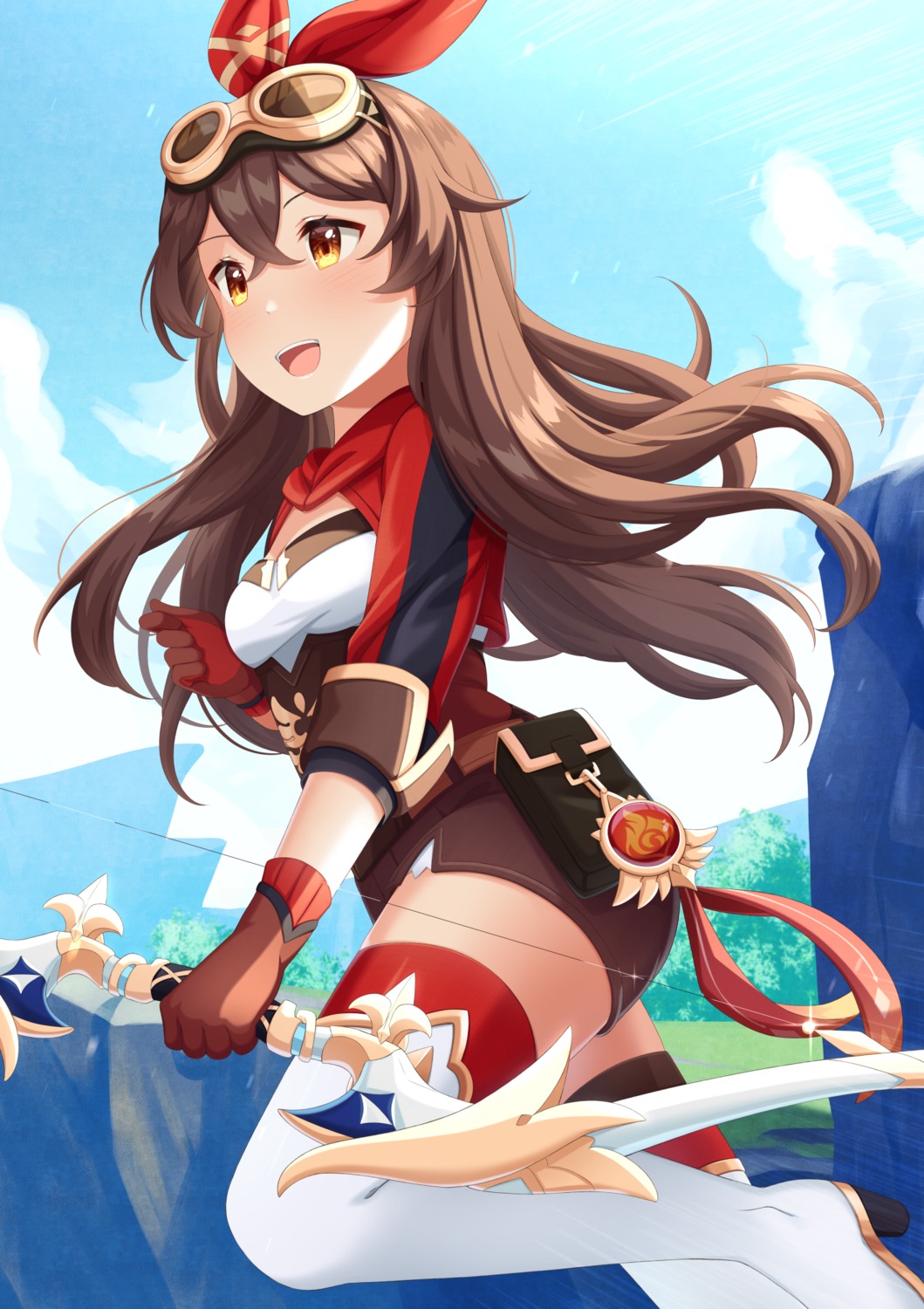 amber_(genshin_impact), genshin_impact, heels, thighhighs, tiribrush, weapon