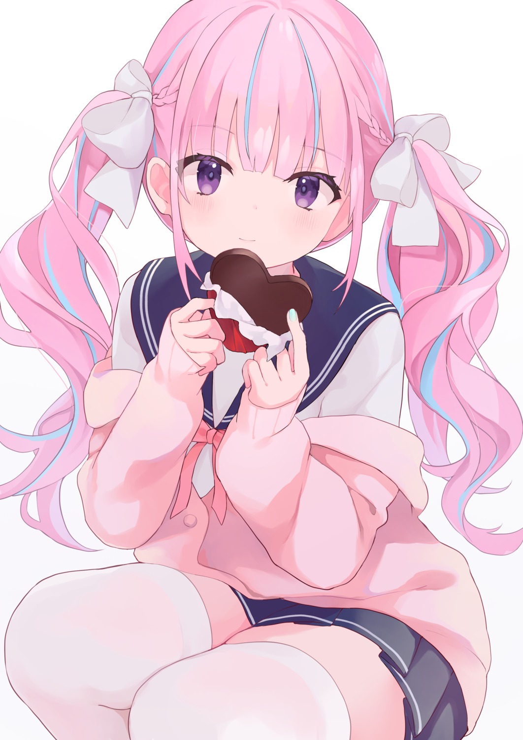 hololive, minato_aqua, seifuku, shiroha, sweater, thighhighs, valentine