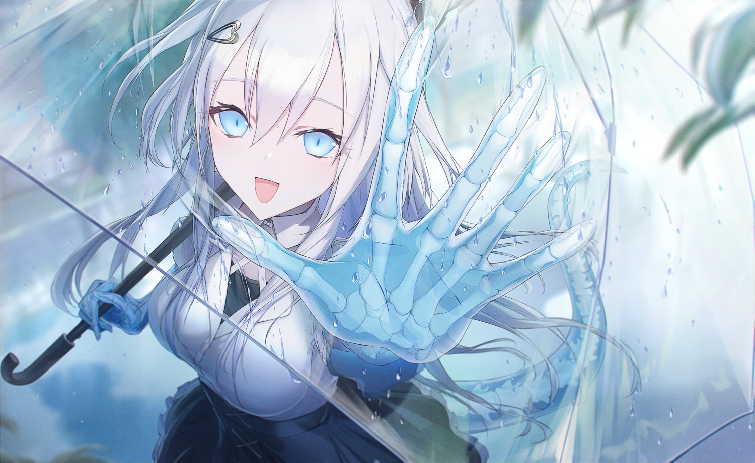 dress_shirt, morichika_shuuto, see_through, umbrella, wet