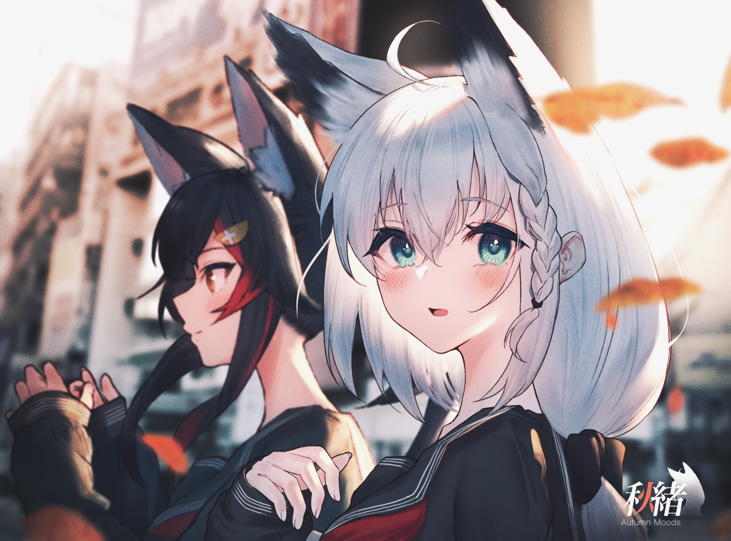 animal_ears, hololive, hololive_gamers, kitsune, ookami_mio, seifuku, senriyama, shirakami_fubuki