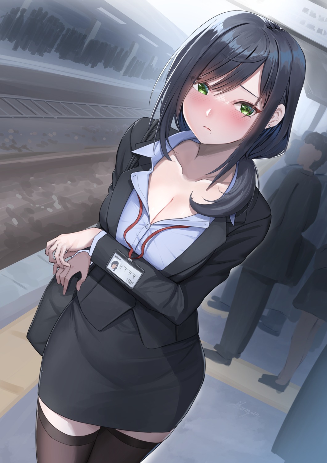 business_suit, cleavage, open_shirt, shogun_(a96040021), thighhighs