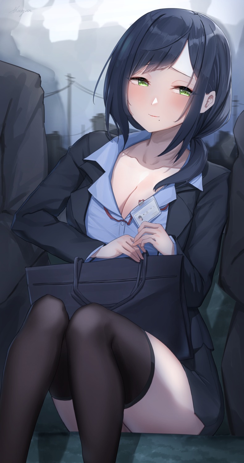 business_suit, cleavage, open_shirt, shogun_(a96040021), skirt_lift, thighhighs