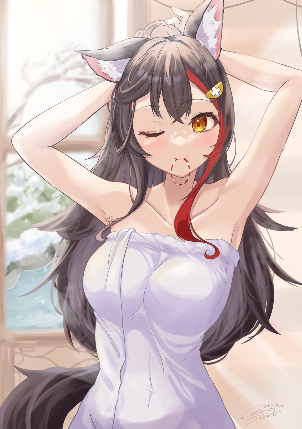 animal_ears, hololive, hololive_gamers, ogura_toast, ookami_mio, tail, towel