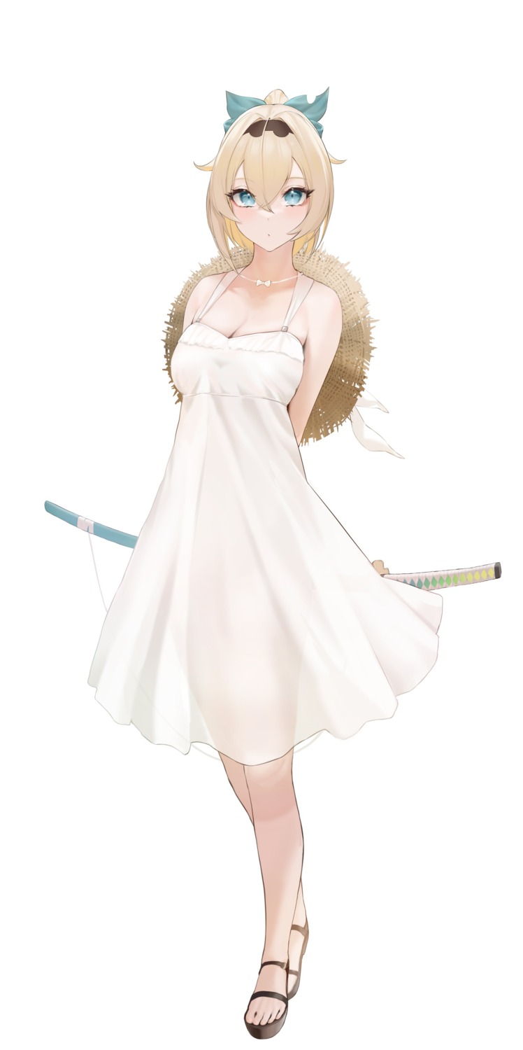 cleavage, dress, hololive, jpeg_artifacts, kazama_iroha, see_through, summer_dress, sword, wanne